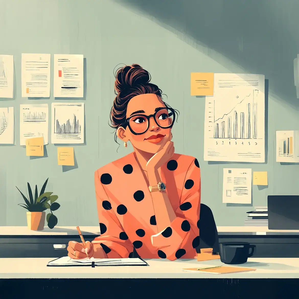 illustration of a person sitting at a desk writing in a notebook